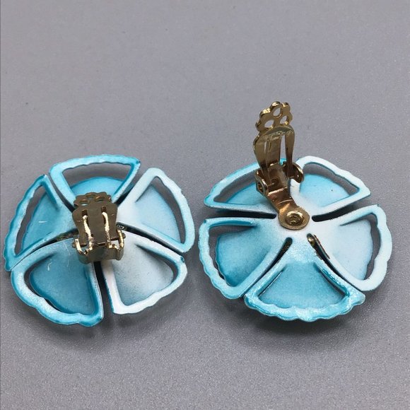 Teal Blue Enamel Flowers Earrings Clip On Flower Power 70s Fun Colorful Jewelry - Picture 5 of 9